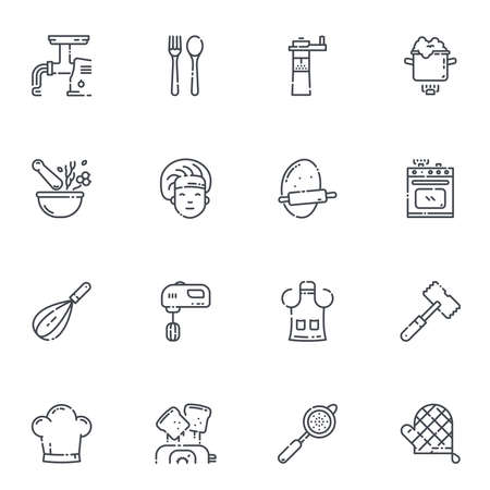 Set of vector line icons of kitchen utensils, cooking tools and equipment isolated on white transparent background.のイラスト素材