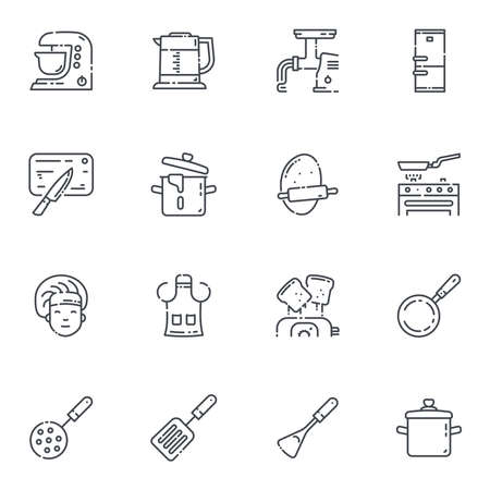 Set of vector line icons of kitchen utensils, cooking tools and equipment isolated on white transparent background.のイラスト素材