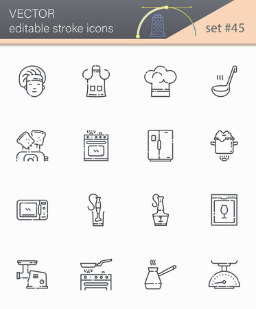 Set of editable stroke vector line icons of kitchen utensils, cooking tools and equipment isolated on white transparent background.のイラスト素材