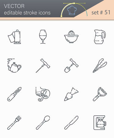 Set of editable stroke vector line icons of kitchen utensils, cooking tools and equipment isolated on white transparent background.のイラスト素材