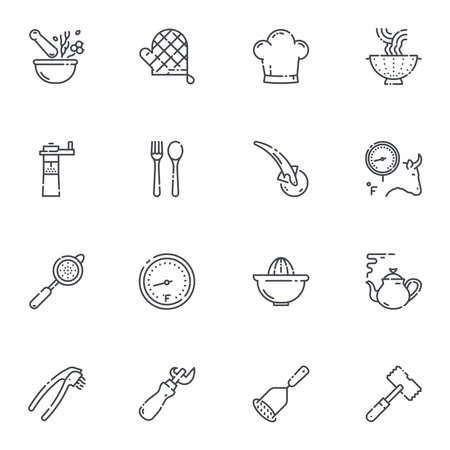 Set of vector line icons of kitchen utensils, cooking tools and equipment isolated on white transparent background.のイラスト素材