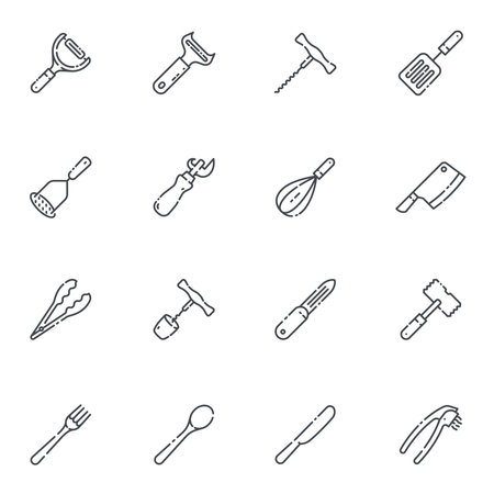Set of vector line icons of kitchen utensils, cooking tools and equipment isolated on white transparent background.のイラスト素材