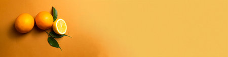 Juicy orange fruits with green leaves on an orange banner for your design. Copy space. The concept of health , diet , vitamin C. Creative food concept. Tropical organic fruit.の写真素材