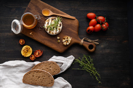Camembert cheese is round, grilled, poured with golden honey on a wooden cutting board. Soft selective focus, black background.Space for copying. Healthy eating.の写真素材