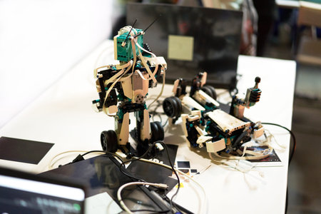 Robot, vehicles, robotic cars used by educational software applications for computers. A child...