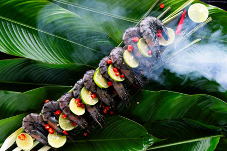 Sizzling tiger shrimp marinated with spices lie elegantly on lush banana leaves, garnished with lime and chili for a vibrant Asian culinary delight.の写真素材