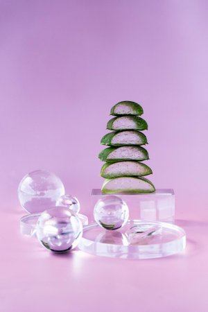 Fresh aloe slices are stacked neatly for a cosmetic display, enhanced by translucent spheres.Vertical photo. Front view.の写真素材