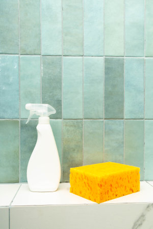 Using epoxy adhesive and grout for effective tile repair with cleaning supplies nearby. Flushing for epoxy grout for successful repair. Vertical photo.の写真素材