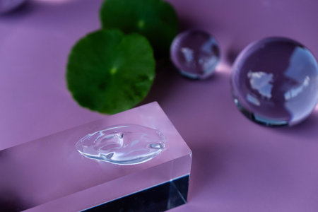 Aloe serum sits on a smooth surface with centella leaves and bubbles for added tranquility.