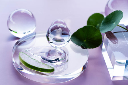 Aloe and centella serum highlighted with crystal bubbles and natural leaves for a serene vibe.の写真素材