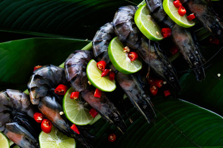 Delicious tiger prawns are beautifully arranged on vibrant banana leaves, garnished with fresh lime slices and fiery chili peppers, creating an exquisite culinary masterpiece.の写真素材
