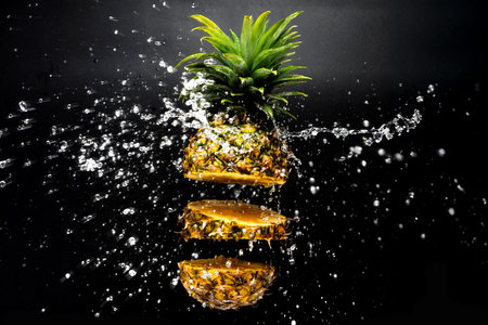 A hand pours water over sliced pineapple, showcasing freshness and hydration in a tropical vibe.