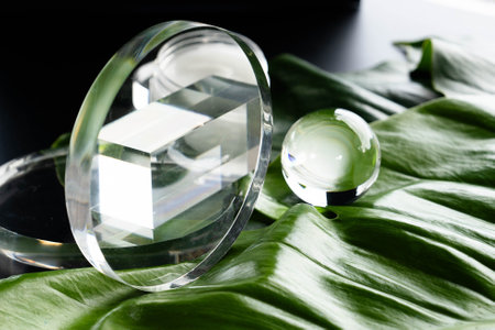 Cosmetic glass containers arranged artistically on tropical green leaves for spa treatment.の写真素材