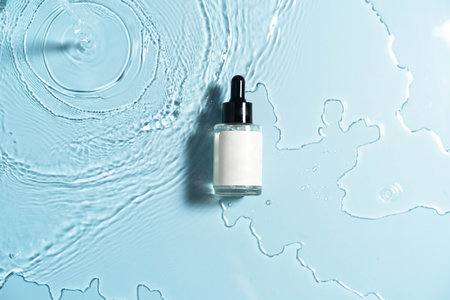 A gleaming serum rests on tranquil water, capturing the essence of nourishing hydration and beauty.の写真素材