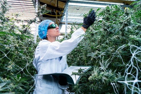 A dedicated lab technician meticulously records data while examining cannabis plants.の写真素材