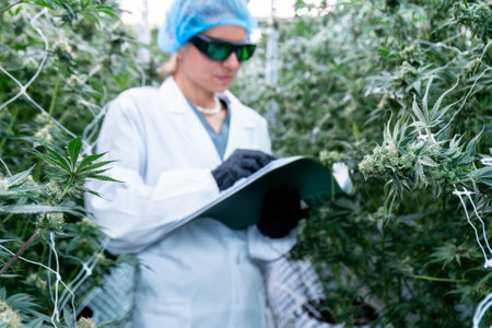 A lab technician meticulously measures and calculates data among flourishing cannabis plants.の写真素材