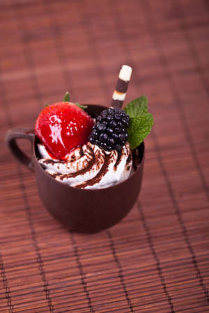 Chocolate coffee cup filled whith mousseの写真素材