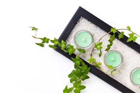 Spa set  Candle and elegant green ivy leaves の写真素材