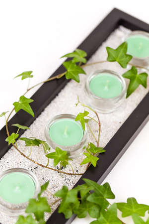 Spa set  Candle and elegant green ivy leaves の写真素材