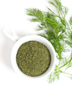 Fresh dill and dried dill on white background  Macro の写真素材