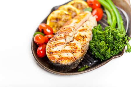 Salmon With Grilled Broccoli And Lemonの写真素材