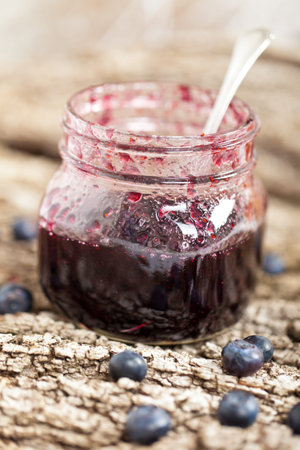 Jar of fresh blueberry jamの写真素材