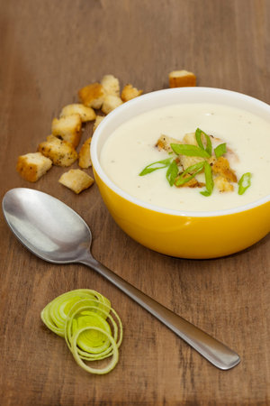 Leek and Potato soup with croutons  Selective focus の写真素材