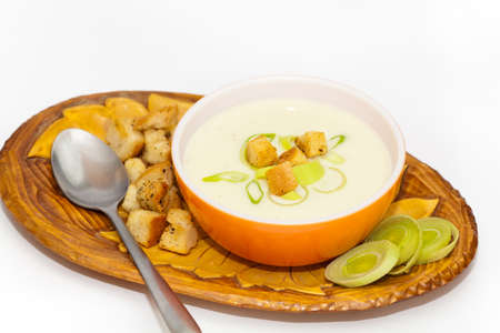 Leek and Potato soup with croutons  Selective focus の写真素材