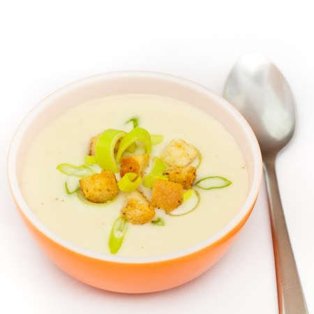 Leek and Potato soup with croutonsの写真素材
