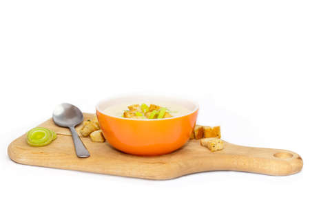 Leek and Potato soup with croutonsの写真素材