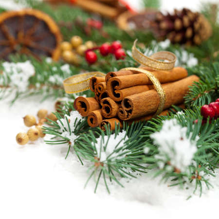 Christmas composition with snow and Christmas decorationの写真素材