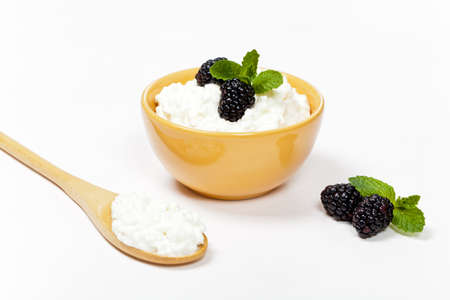 Cottage cheese with fresh blackberries. Selective focus.の写真素材