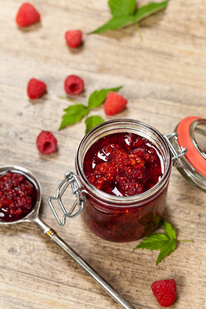 Fresh and  Delicious Homemade Raspberries Jam. Selective focus.