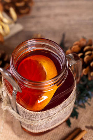 Hot winter tea with cinnamon stick. Selective focus.の写真素材