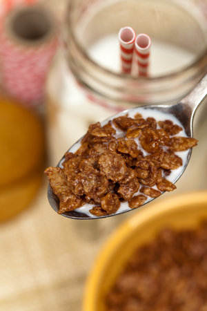 Gluten free chocolate crispy rice cereal. Selective focus.