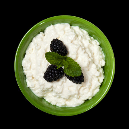 Cottage cheese with fresh blackberries. Selective focus.