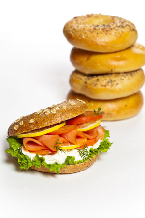 Stacked Bagels with Salmon Bagel Sandwich. Selective focus.の写真素材