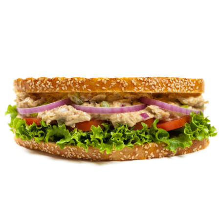 Grilled Tuna Panini Sandwich on white background. Selective focus.の写真素材