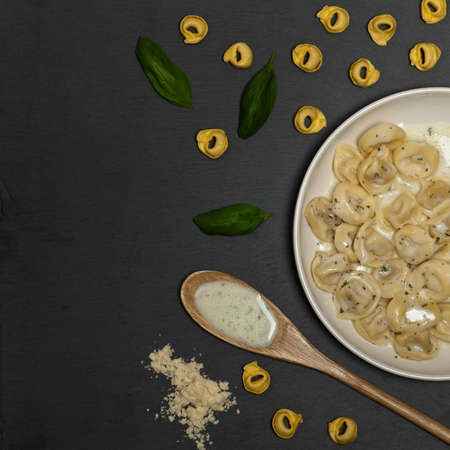 Creamy Tortellini Alfredo. Selective focus.の写真素材