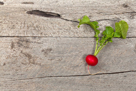 Fresh radishes on old wooden background. Selective focus.