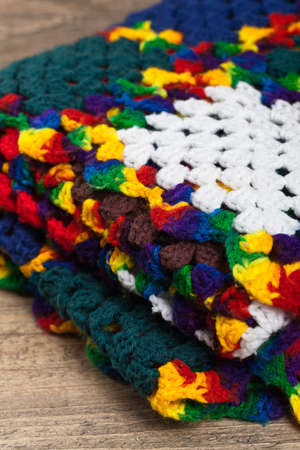 Fragment of Blanket made of granny Squares. Selective focus.の写真素材
