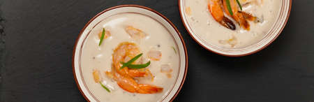 Shrimp Cream Soup. Panoramic image. Selective focus.の写真素材