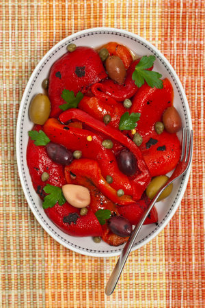Roasted Red Pepper Salad. Selective focus.の写真素材
