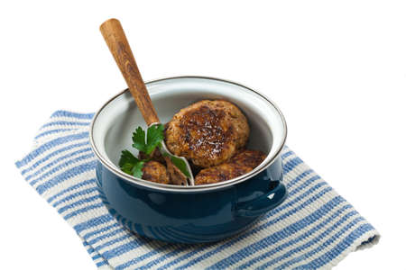Meat Cutlets or Sausage Patties isolated on white background. Selective focus.の写真素材