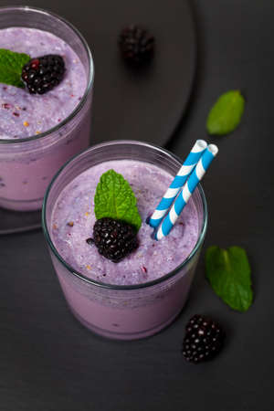 Blackberry Smoothie. Selective focus.の写真素材