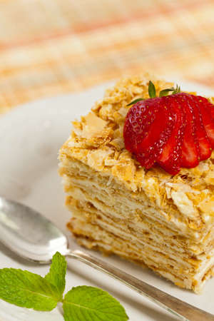 Puff Pastry Napoleon Cake. Selective focus.の写真素材