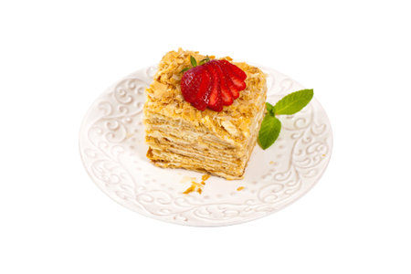 Puff Pastry Napoleon Cake Isolated on a white background. Selective focus.の写真素材