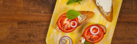 Tomato, Basil and Cream Cheese Sandwich. Selective focus.の写真素材