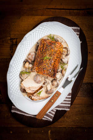 Roasted Pork Loin Tenderloin with Mushroom. Selective focus.の写真素材