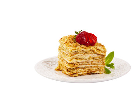 Puff Pastry Napoleon Cake Isolated on a white background. Selective focus.の写真素材